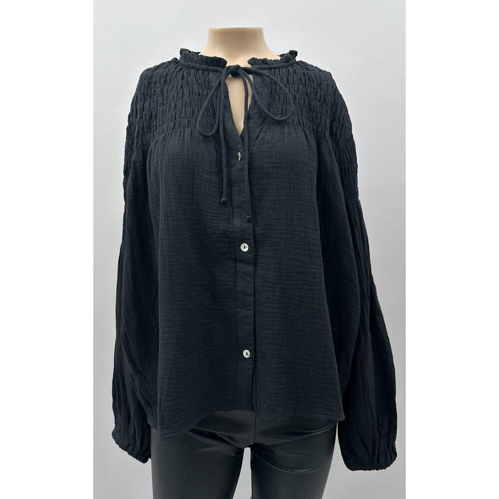 NWT Citrine Long-Sleeve Smocked Front Tie-Neck Top Black Women's Size Medium